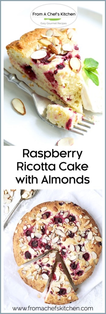 Pinterest graphic for Raspberry Ricotta Cake with Almonds showing two wedges cut from the whole cake and one piece with one bite on a fork.