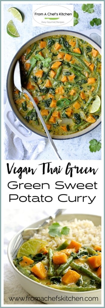 Pinterest graphic for Vegan Thai Green Sweet Potato Curry showing it in a white enamel cast iron skillet with white serving spoon and one serving in a bowl.
