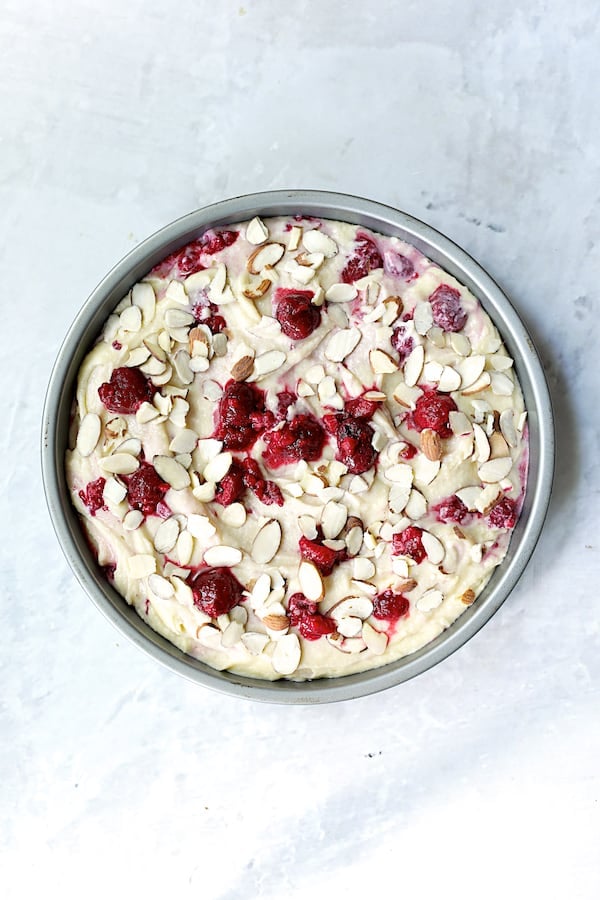 Photo of cake in cake pan before baking.