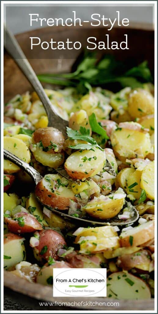 Pinterest graphic for French-Style Potato Salad showing it in a wooden bowl with serving utensils.