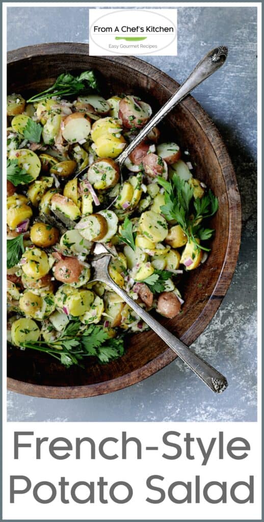 Pinterest graphic for French-Style Potato Salad showing it in a wooden bowl with serving utensils.