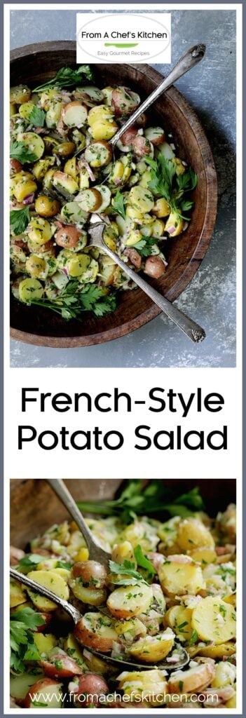 Pinterest graphic for French-Style Potato Salad showing two images of it in a wooden bowl with serving utensils.