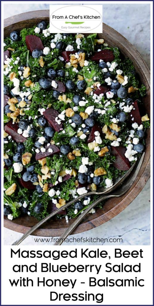 Pinterest graphic for Kale Beet and Blueberry Salad showing it in a wooden bowl with serving utensils.