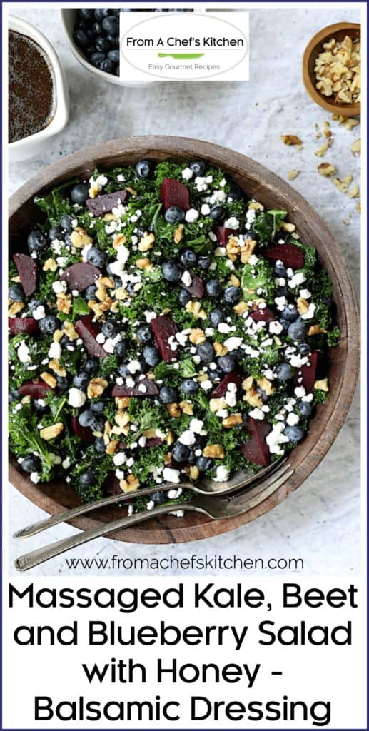 Pinterest graphic for Kale Beet and Blueberry Salad showing it in a wooden bowl with serving utensils.