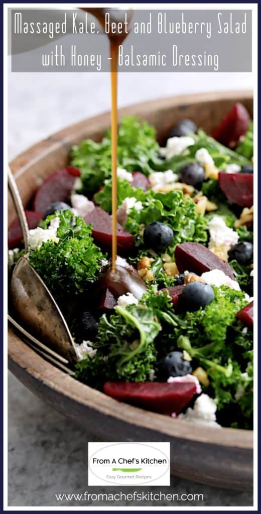 Pinterest graphic for Kale Beet and Blueberry Salad showing it in a wooden bowl with the dressing being drizzled on.