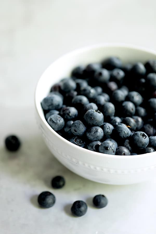 Photo of fresh blueberries in white bowl.