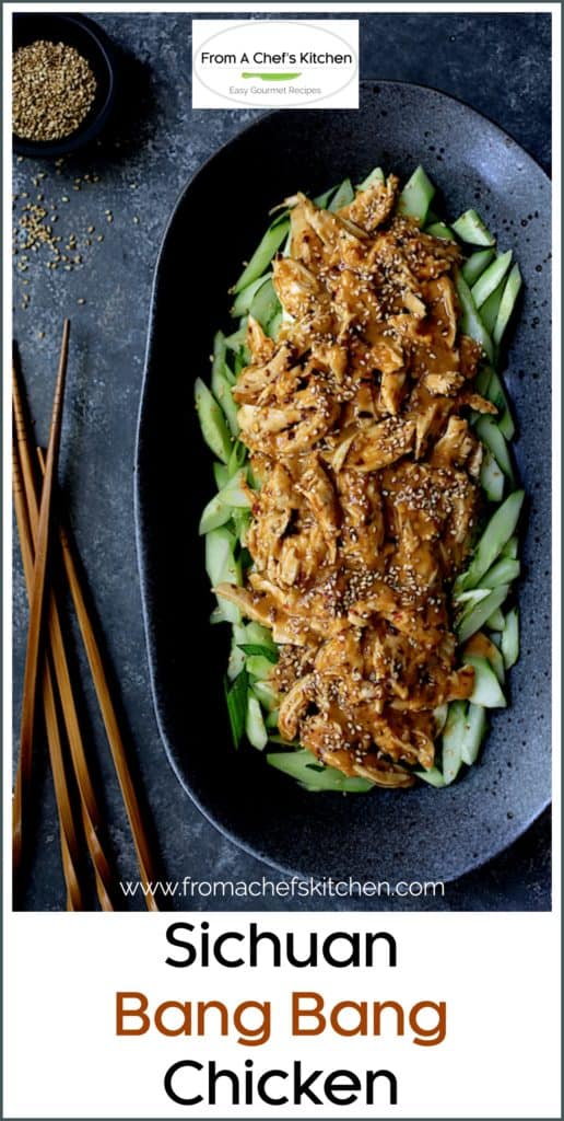 Pinterest graphic for Sichuan Bang Bang Chicken showing it on a black oval platter.