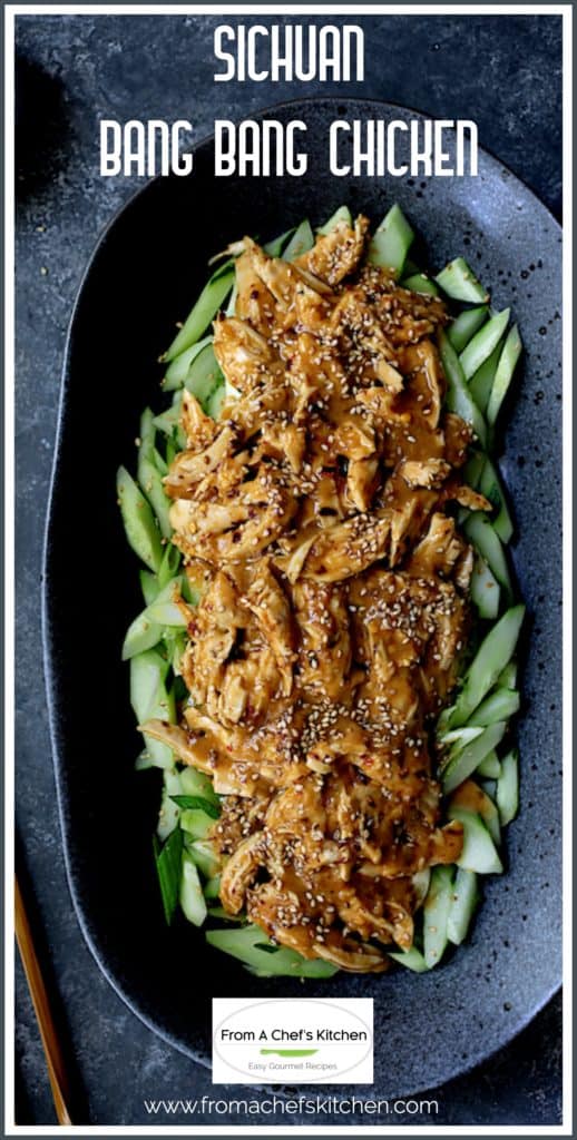 Pinterest graphic for Sichuan Bang Bang Chicken showing it on a black oval platter.