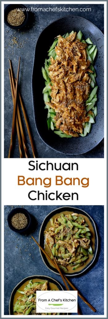 Pinterest graphic for Sichuan Bang Bang Chicken showing two images with one on a platter and one on individual plates.