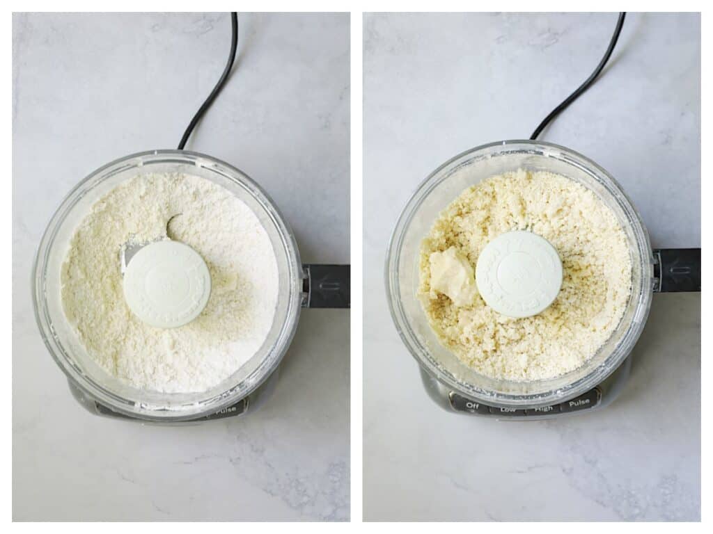 Collage of crust being prepared in food processor.