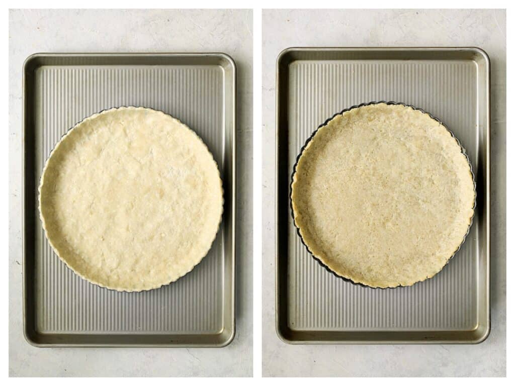 Photo of crust on baking sheet with one unbaked and the other baked.