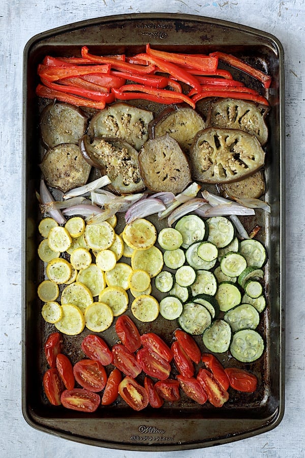 Photo of roasted vegetables on baking sheet.
