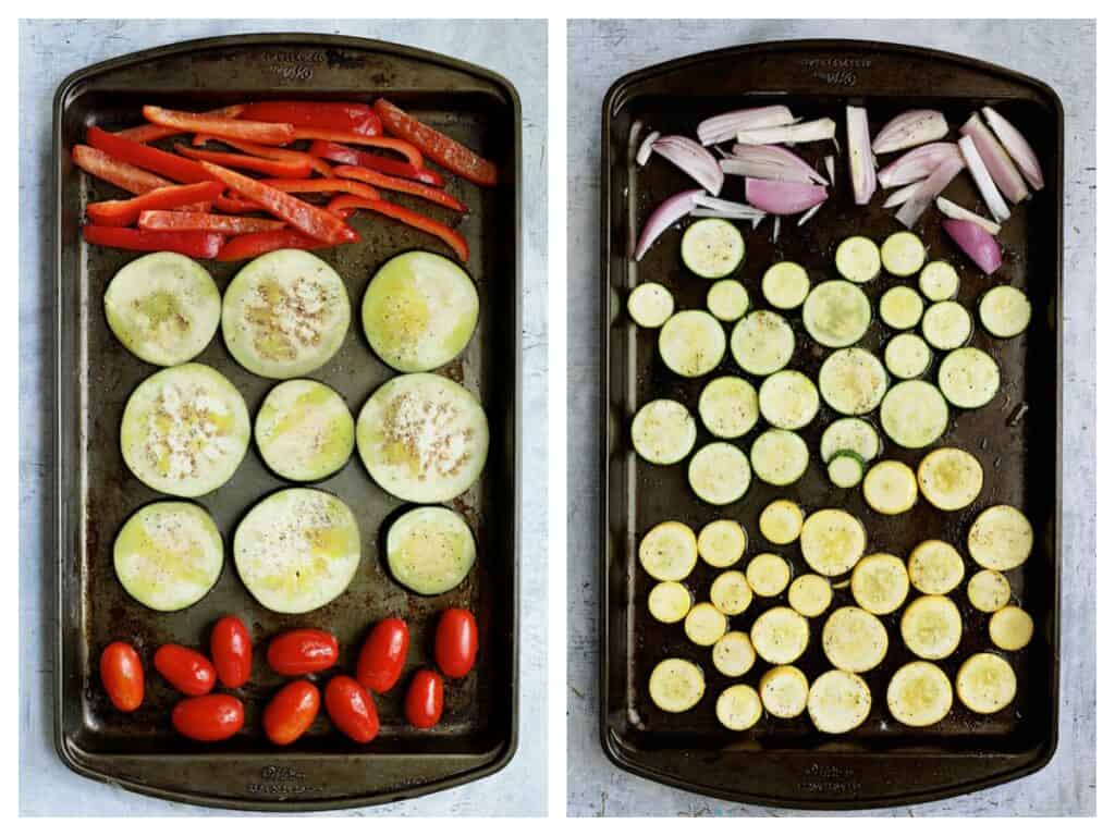 Photo of vegetables on two baking sheets side-by-side before being roasted.