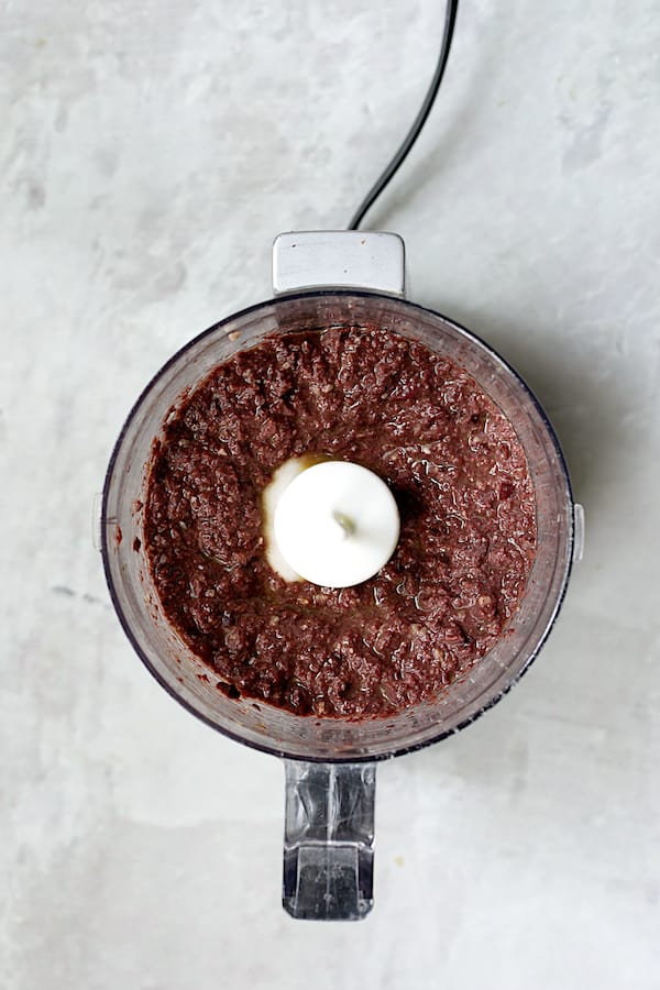 Photo of finished tapenade in food processor.