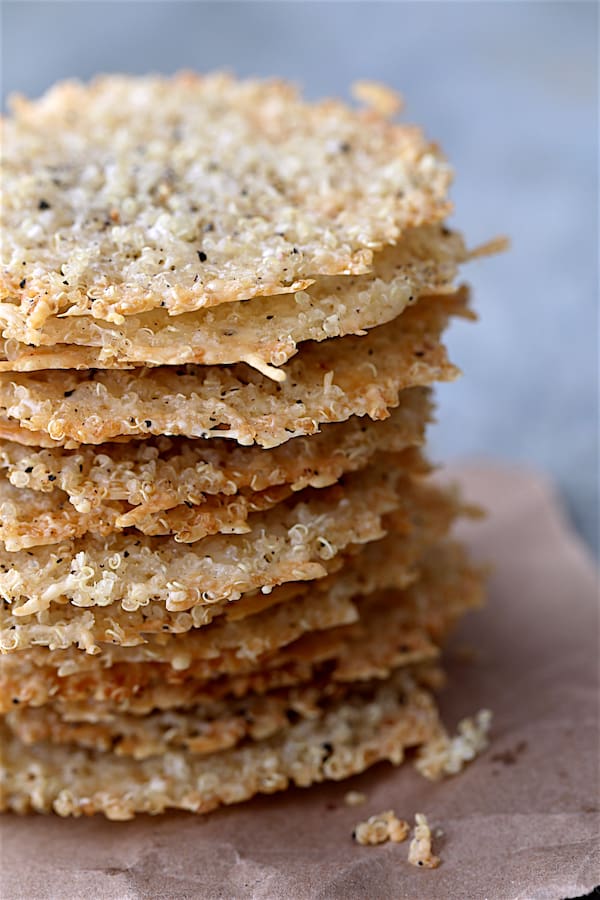 Close-up photo of a stack of Quinoa Parmesan Crisps.