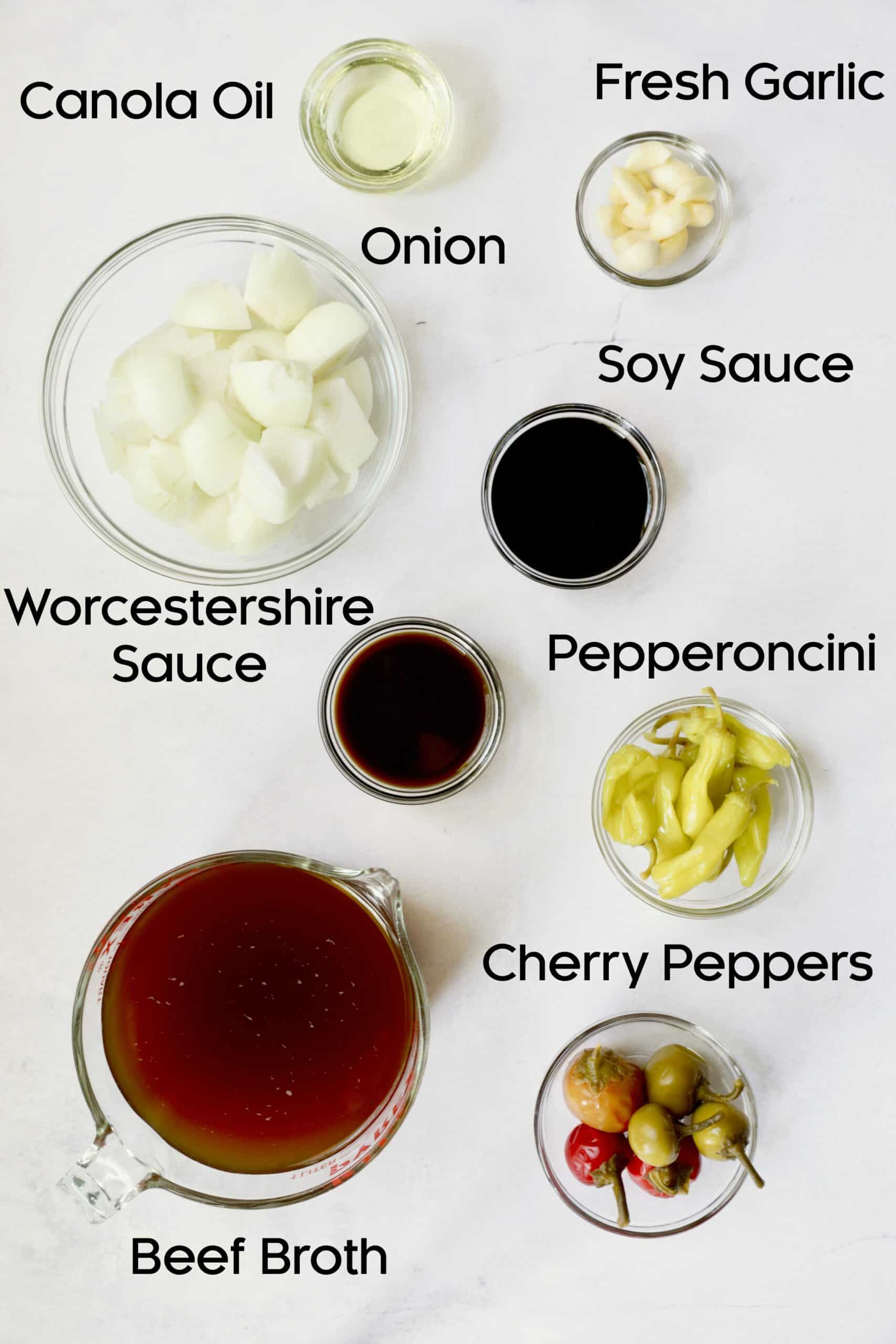 Ingredients for Mississippi Short Ribs in glass bowls.