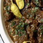 Mississippi-Style Boneless Short Ribs Without Packaged Mixes - Overhead close-up shot on white platter