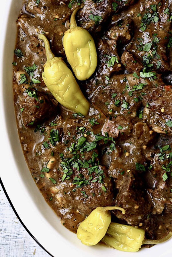 Mississippi-Style Boneless Short Ribs Without Packaged Mixes - Overhead close-up shot on white platter