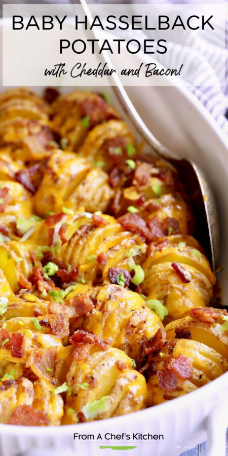Pinterest graphic for Baby Hasselback Potatoes with Cheddar and Bacon in white baking dish with serving spoon.