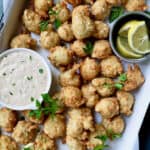 Crab and Artichoke Beignets with Jalapeno Remoulade - Overhead shot of beignets in white pan