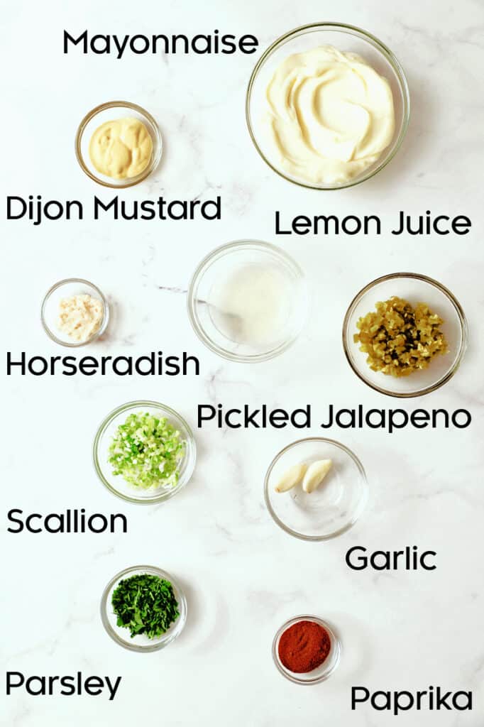 Photo of ingredients for Jalapeno Remoulade in glass bowls.