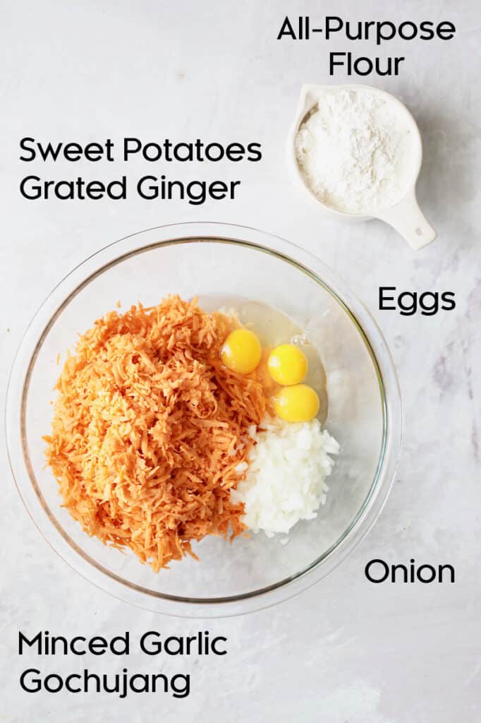 Photo of ingredients for Korean Sweet Potato Fritters.