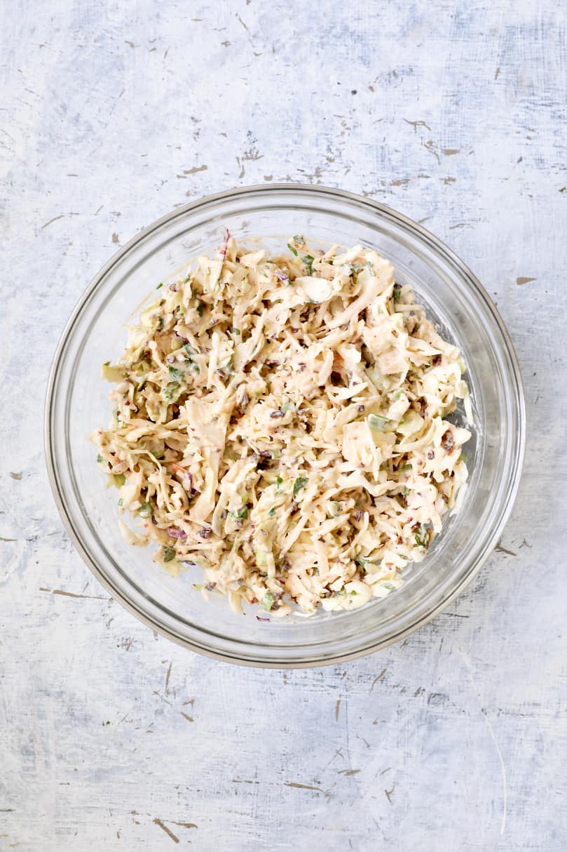 Photo of Chipotle Lime Slaw in glass bowl.