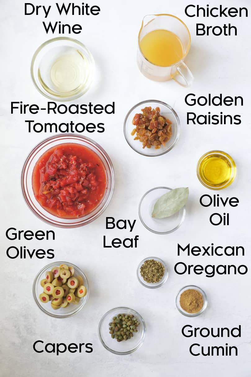 Overhead shot of pantry ingredients for picadillo