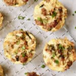 Hash Brown Breakfast Muffins with Poblano Peppers and Gouda Cheese - Overhead hero shot of muffins on cooling rack