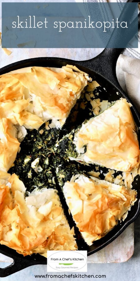 Pinterest graphic for Skillet Spanikopita showing it cut into wedges.