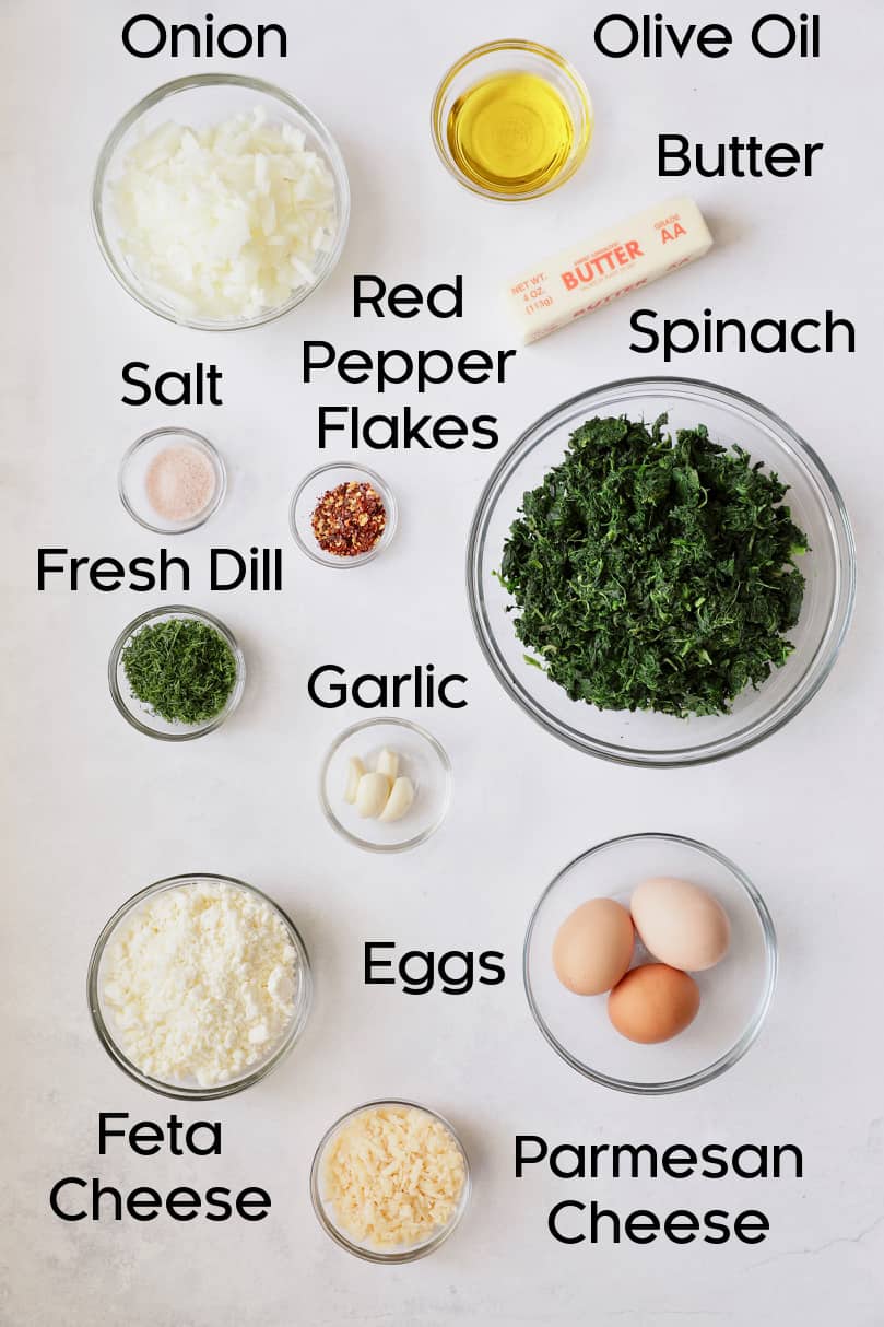 Overhead shot of ingredients for spanakopita