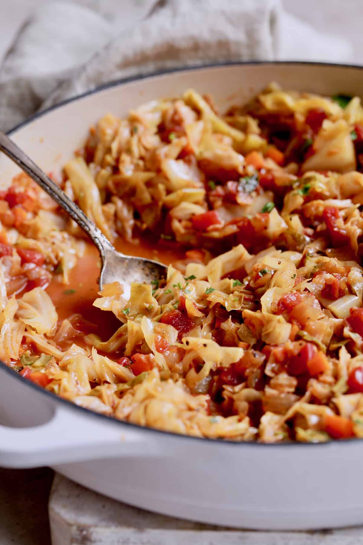 Photo of Polish Stewed Cabbage (Kapusta) being served with spoon from pan.