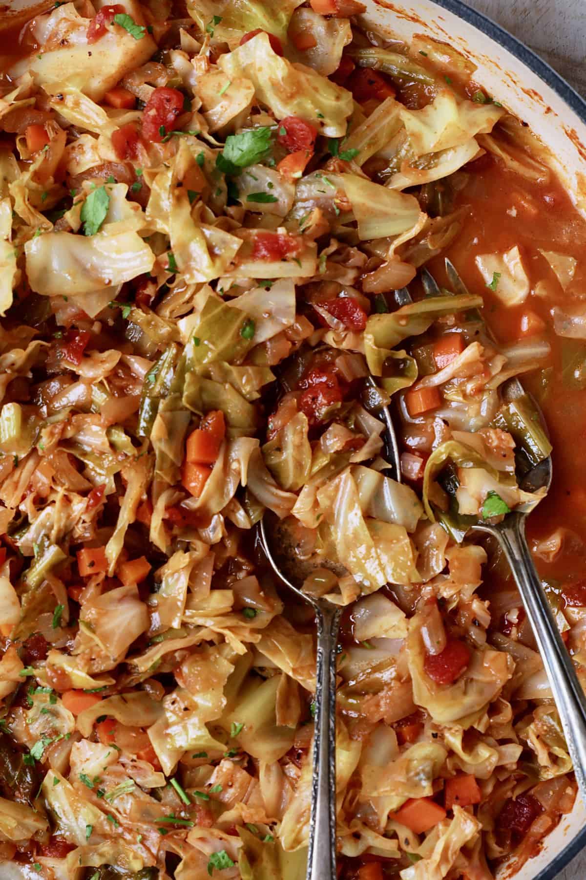 Close-up photo of Polish Stewed Cabbage (Kapusta) with serving utensils.