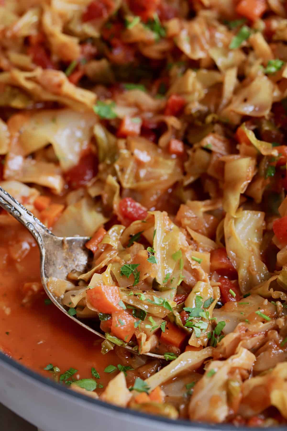 Close-up photo of Polish Stewed Cabbage (Kapusta) with serving spoon.