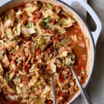 Polish Stewed Cabbage (Kapusta) - Overhead shot of finished dish with utensils