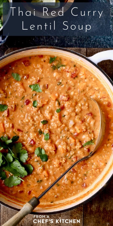Pinterest graphic for Thai Red Curry Lentil Soup showing the whole pot with soup ladle.