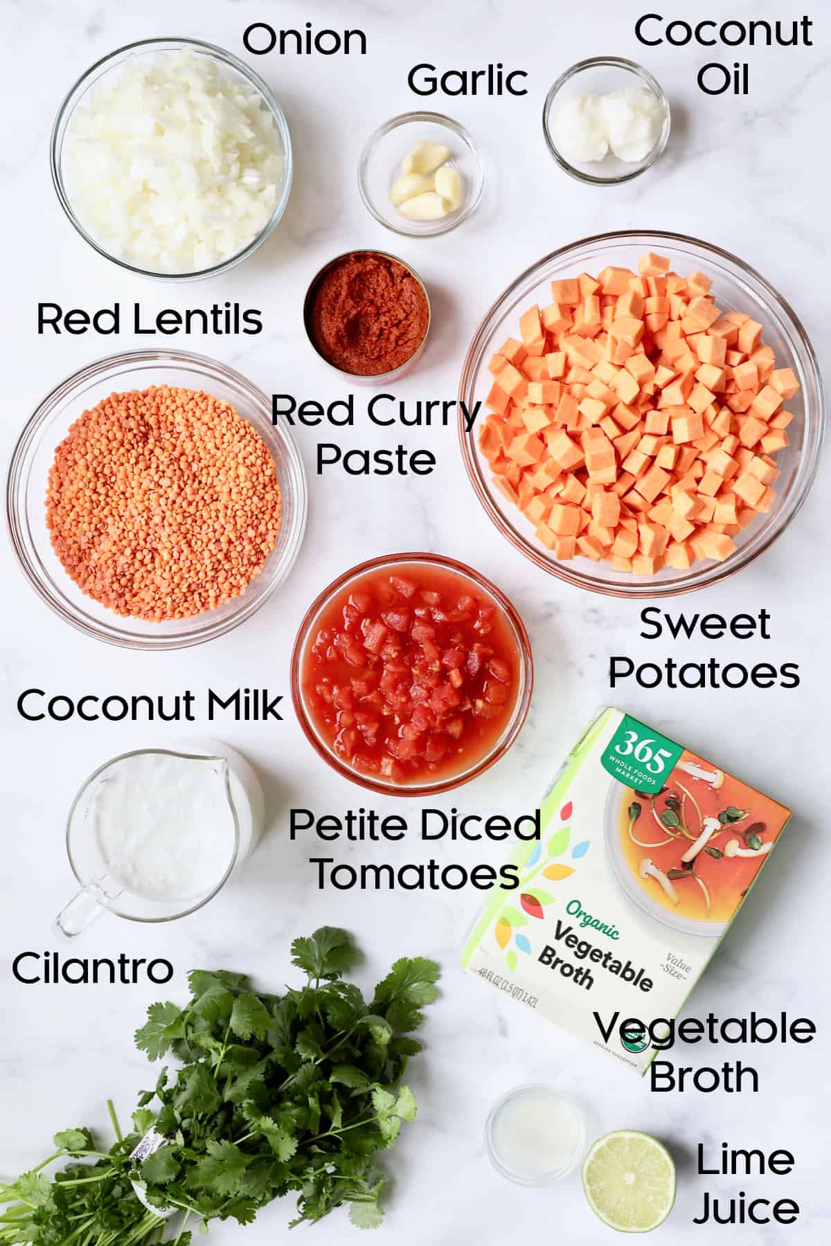 Photo of ingredients for Thai Red Curry Sweet Potato and Lentil Soup in glass bowls.
