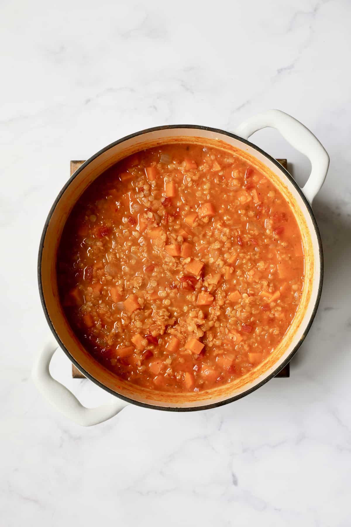 Process photo of Thai Red Curry Sweet Potato and Lentil Soup before coconut milk gets added.