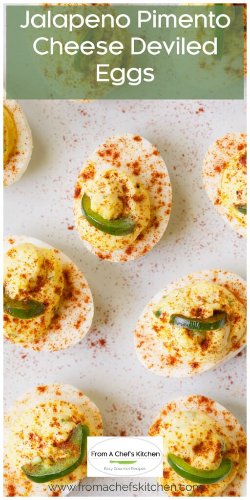 Seven Pimento Cheese Deviled Egg on white platter.