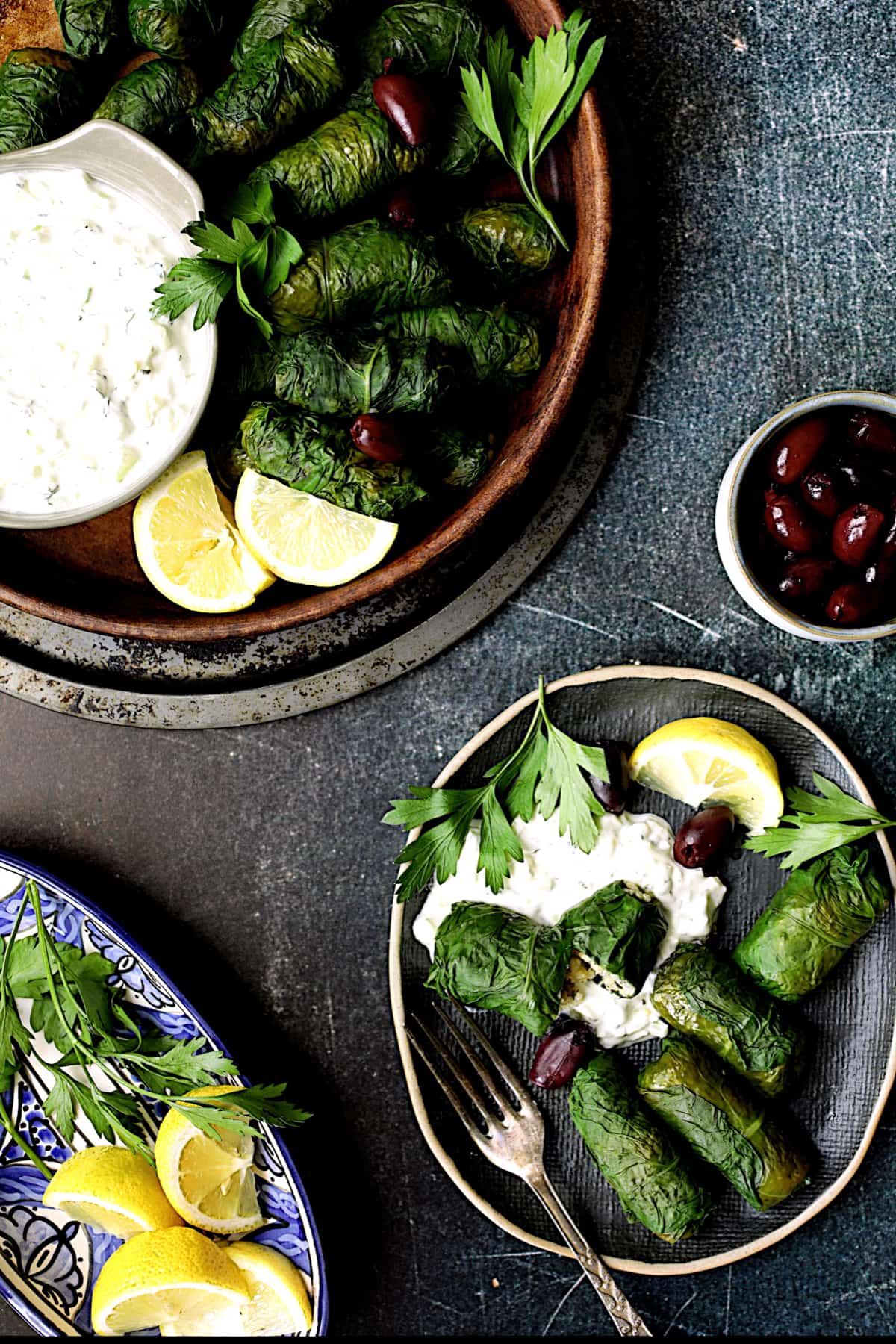 Photo of Swiss Chard and Quinoa Dolmas with Tzatziki on blue background.