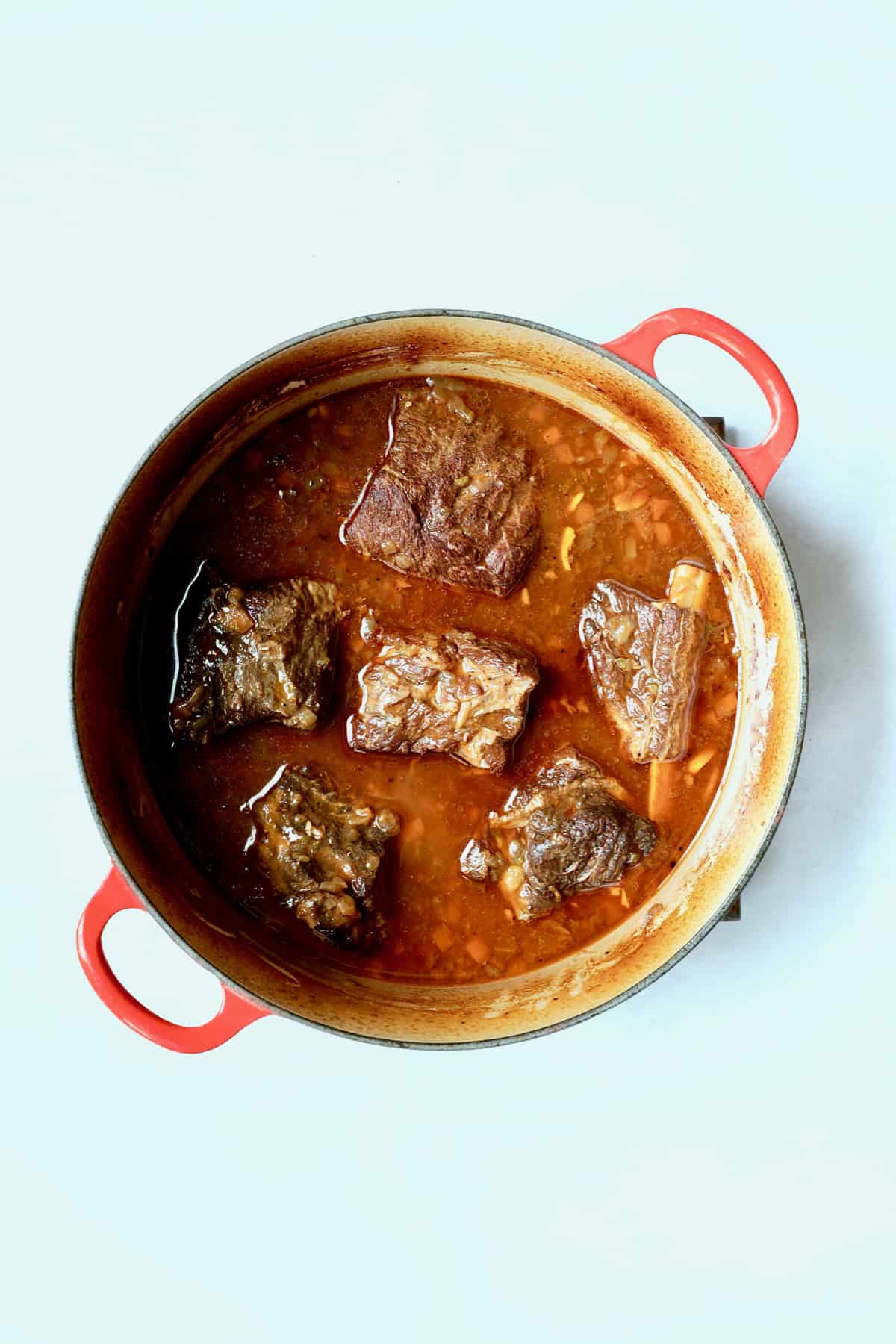 Photo of Stout Braised Beef Short Ribs after braising.
