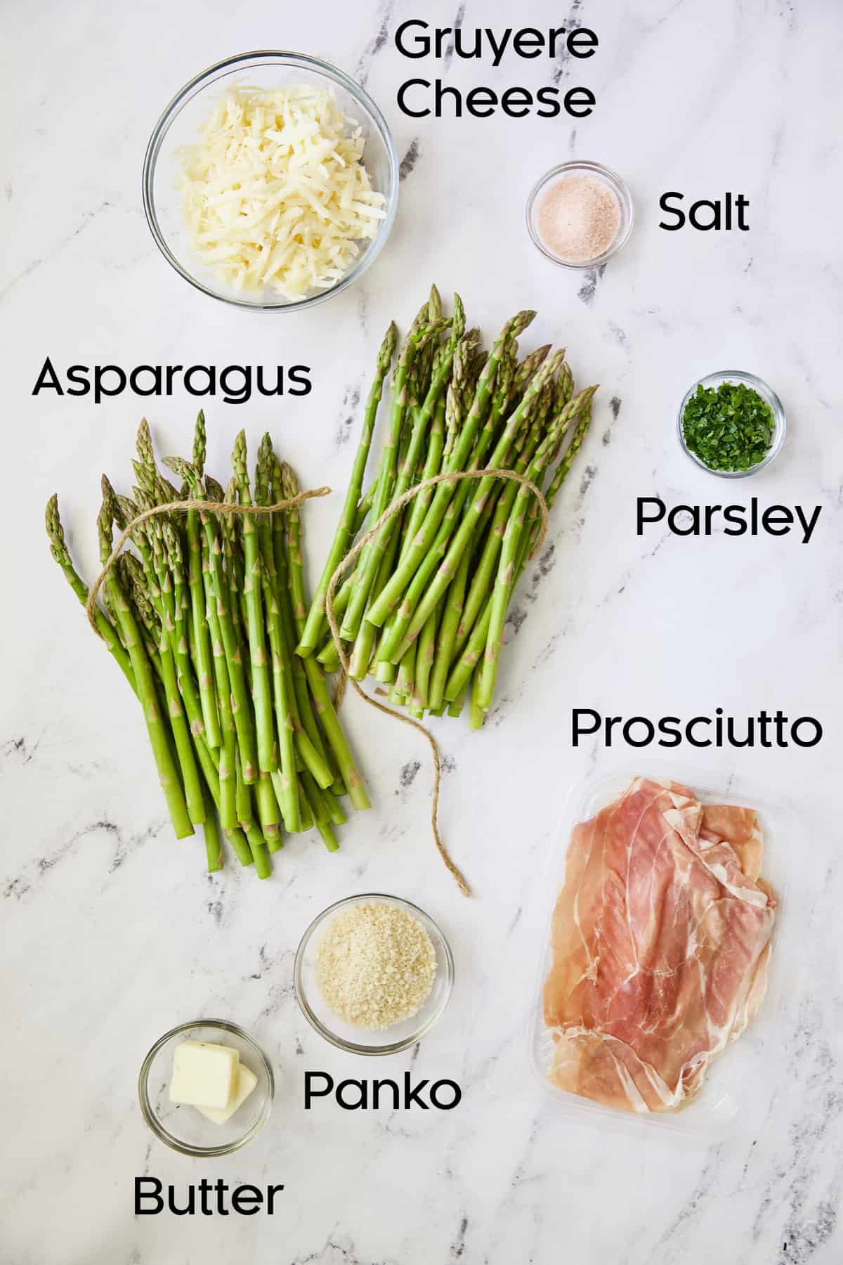Photo of ingredients for Asparagus Cordon Bleu in glass bowls.
