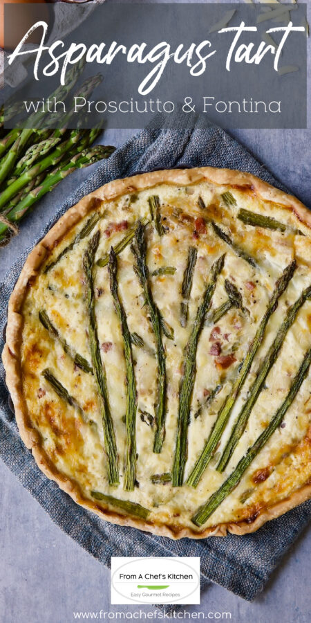 Pinterest graphic for Asparagus, Prosciutto and Fontina Tart showing it whole on a blue napkin.,