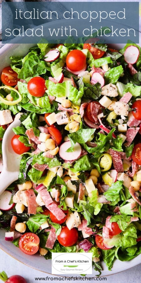 Pinterest graphic for Italian Chopped Salad with Chicken in white bowl.