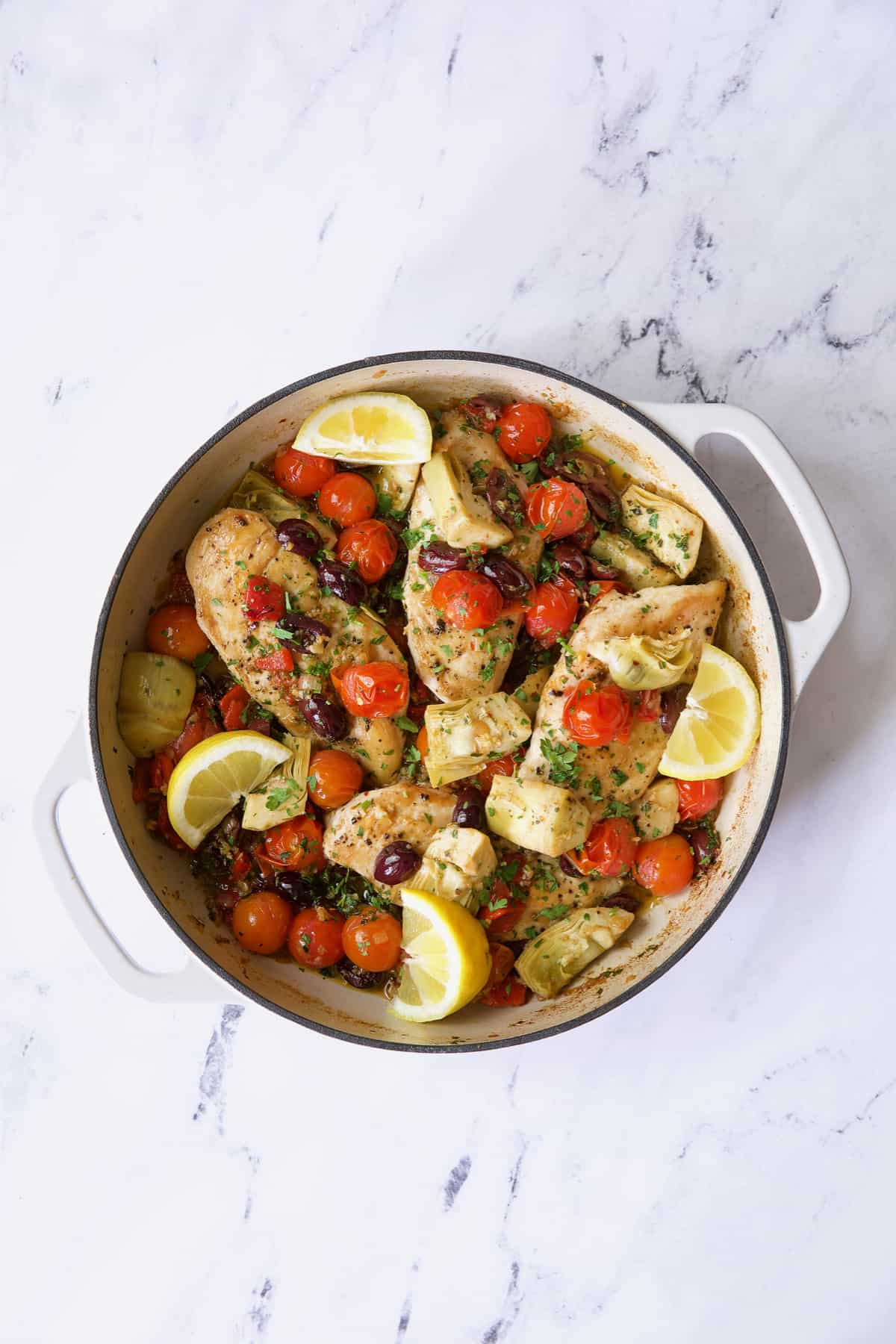 Photo of Easy Skillet Mediterranean Chicken before garnish is added.