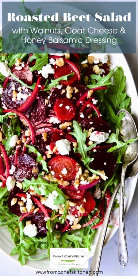 Pinterest graphic for Roasted Beet Salad showing it on a white oval platter with serving utensils.