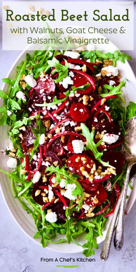 Pinterest graphic for Roasted Beet Salad showing it on an oval white platter.