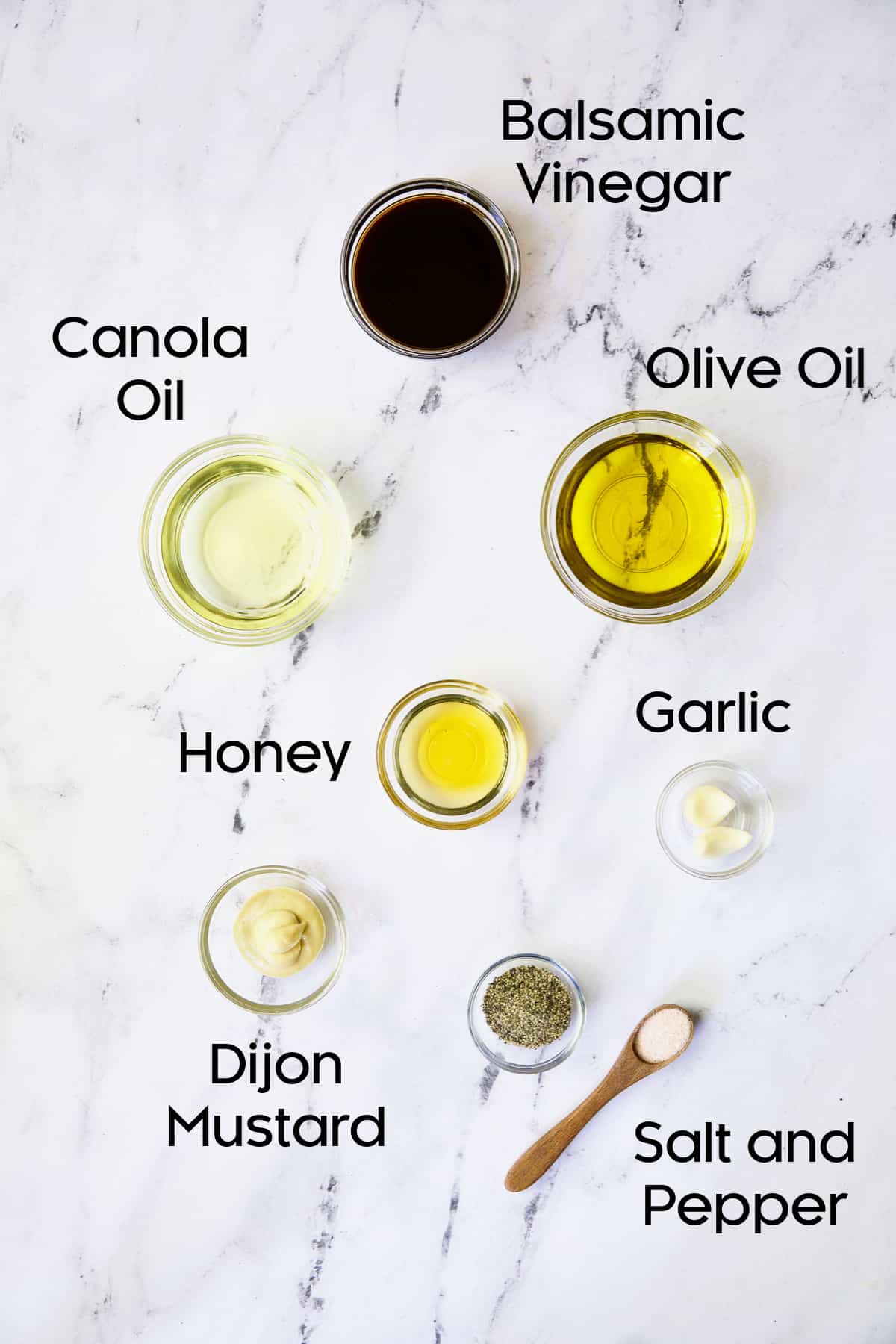 Photo of ingredients for Honey - Balsamic Dressing in glass bowls.