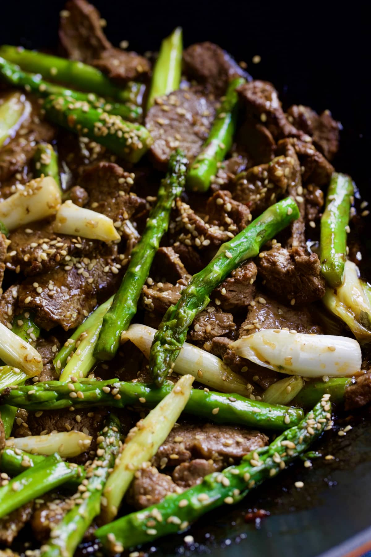 Close-up photo of Sesame Beef and Asparagus Stir-Fry.