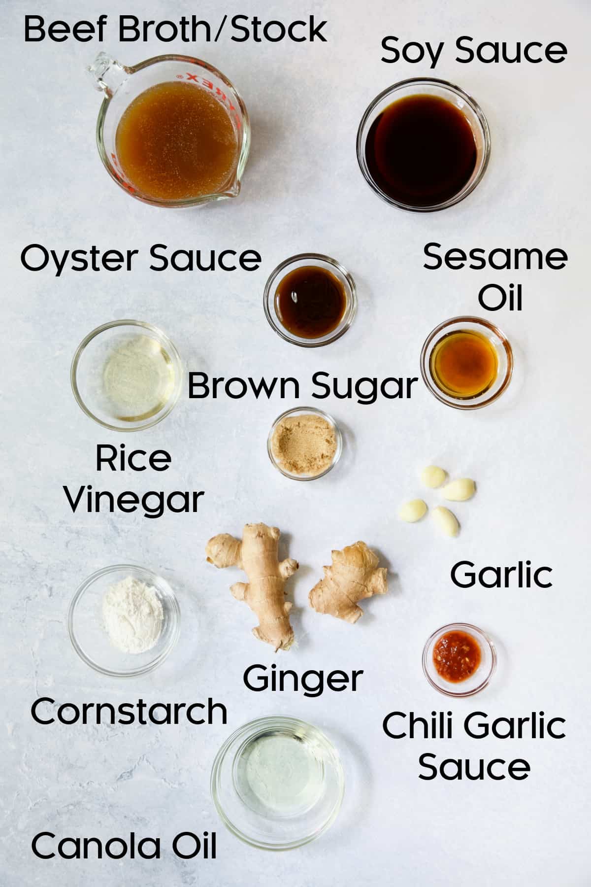 Photo of ingredients for the sauce for Sesame Beef and Asparagus Stir-Fry in glass bowls.